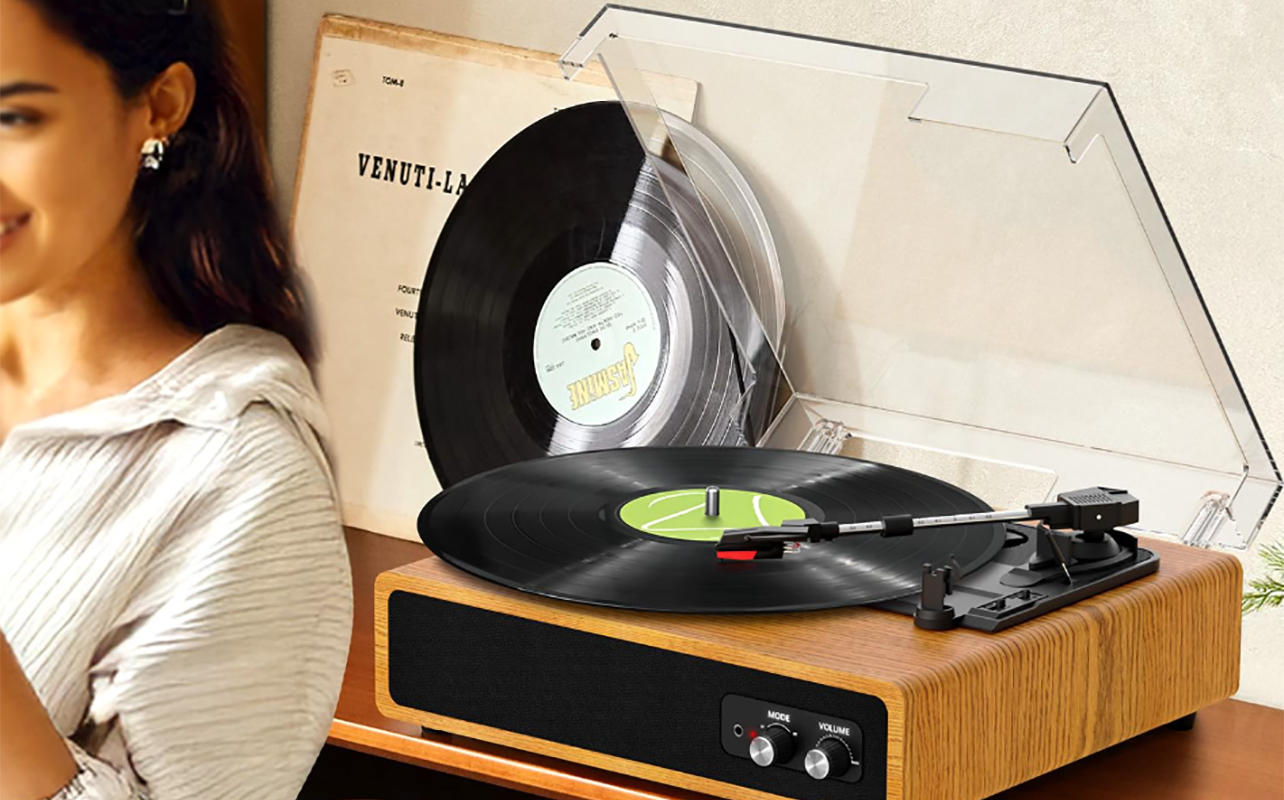 A woman with the Fydee record player.