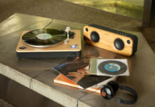 A House of Marley Stir It Up turntable with a speaker.