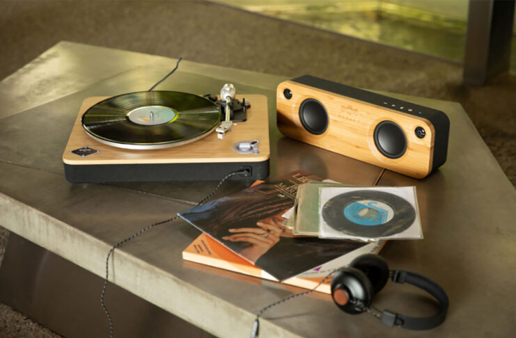 A House of Marley Stir It Up turntable with a speaker.