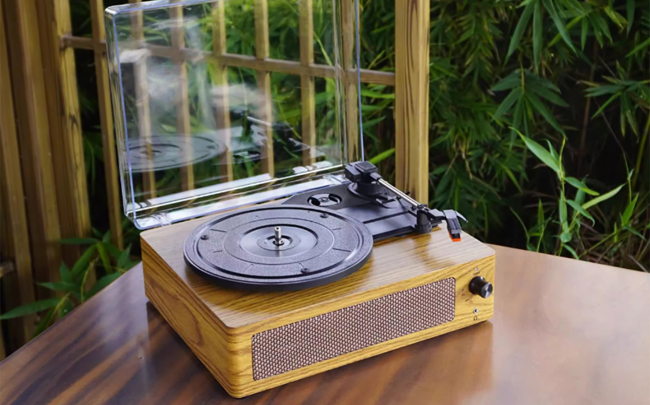 A retro record player outside.