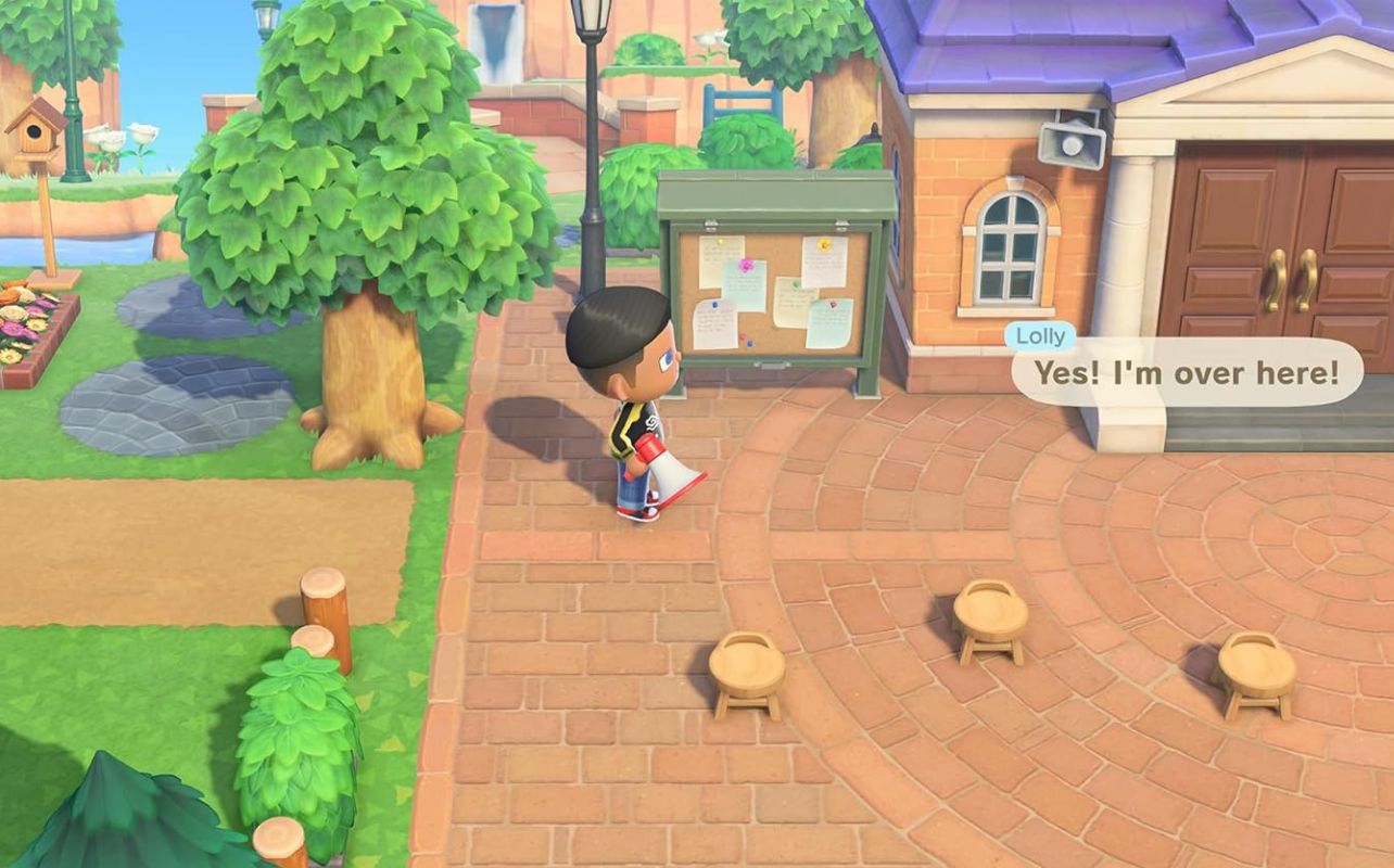 Animal Crossing: New Horizons Nintendo Switch 2 character uses the megaphone to call someone.