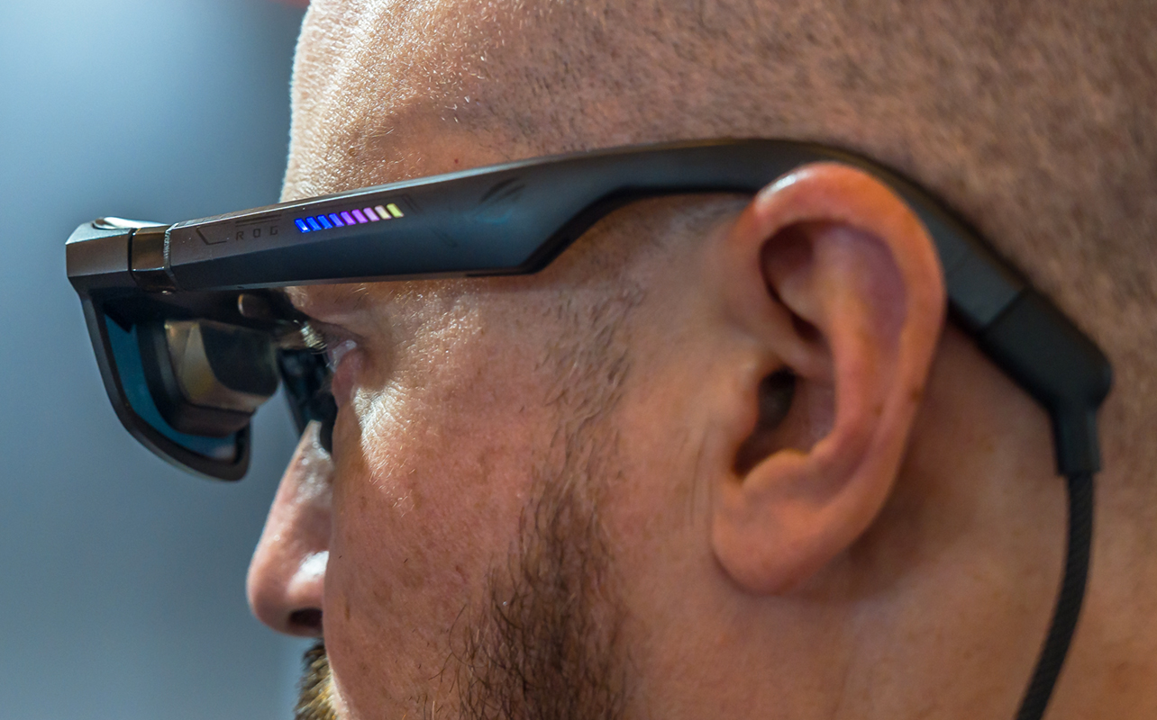 Side view of XREAL R1 smart glasses at CES 2026.