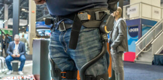Dnsys X1 exoskeleton on man at CES 2026.