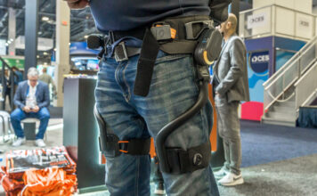 Dnsys X1 exoskeleton on man at CES 2026.