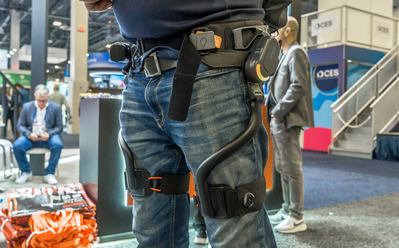 Dnsys X1 exoskeleton on man at CES 2026.