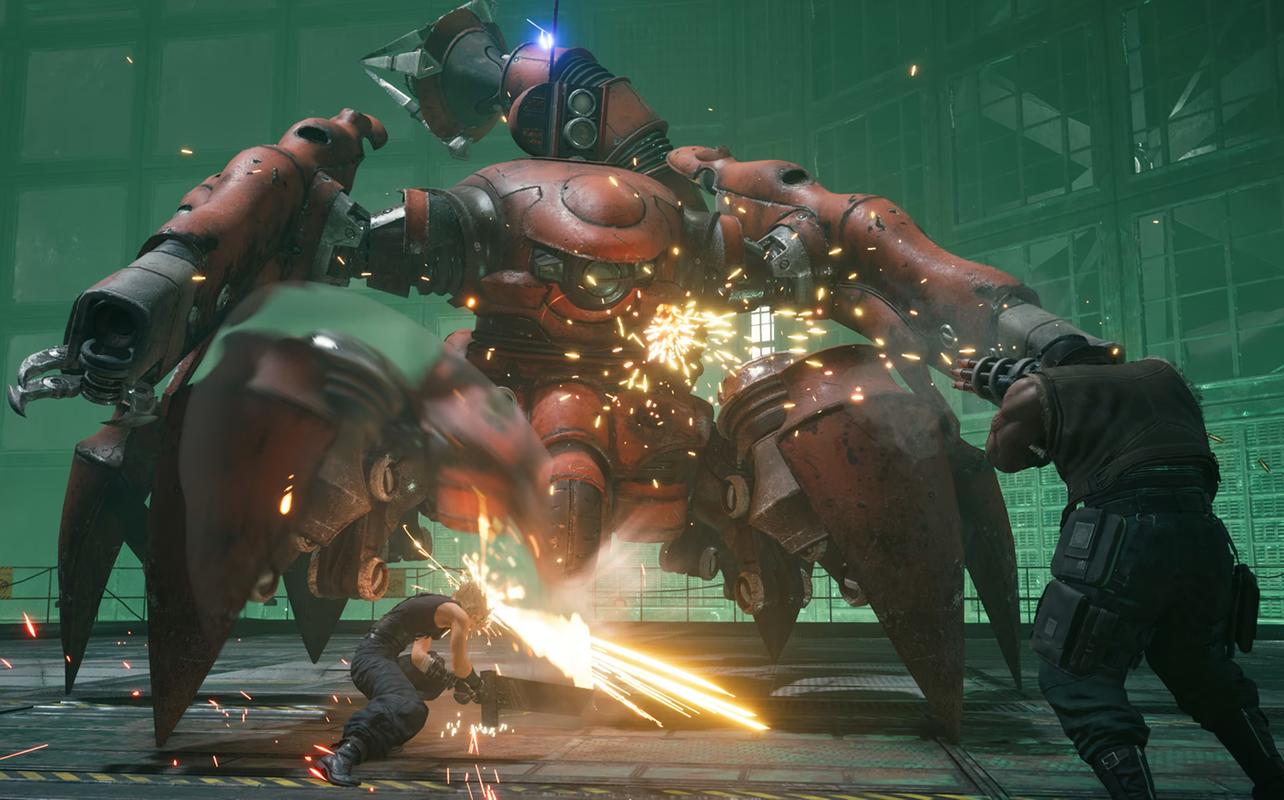 Cloud and Barret fight a giant mechanical crab in Final Fantasy VII Remake Intergrade on Nintendo Switch 2
