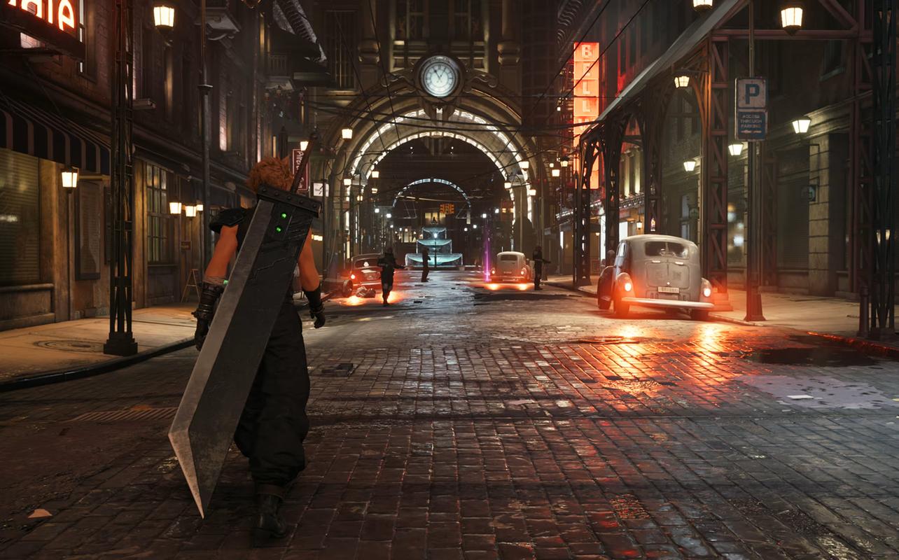 Cloud walking the streets of Midgar in Final Fantasy VII Remake Intergrade on Nintendo Switch 2