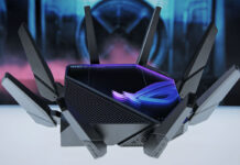 How AI technology can improve your home network An Asus ROG Rapture router with a colourful image in the background.
