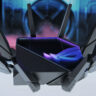 An Asus ROG Rapture router with a colourful image in the background.