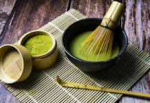 matcha powder, matcha whisk (chasen) and bowl (chawan)
