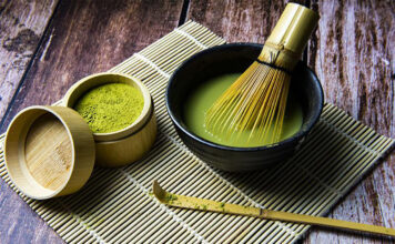 matcha powder, matcha whisk (chasen) and bowl (chawan)