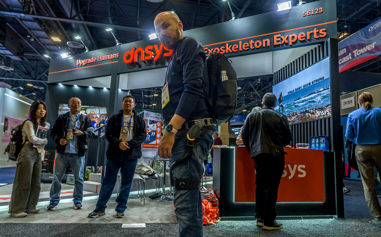 Wider view wearing the Dnsys X1 exoskeleton.