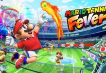 Mario hitting a flaming tennis shot in Mario Tennis Fever during a stadium match on Nintendo Switch 2.