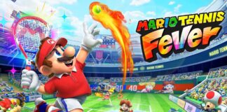 Mario hitting a flaming tennis shot in Mario Tennis Fever during a stadium match on Nintendo Switch 2.