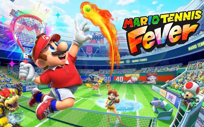 Mario hitting a flaming tennis shot in Mario Tennis Fever during a stadium match on Nintendo Switch 2.