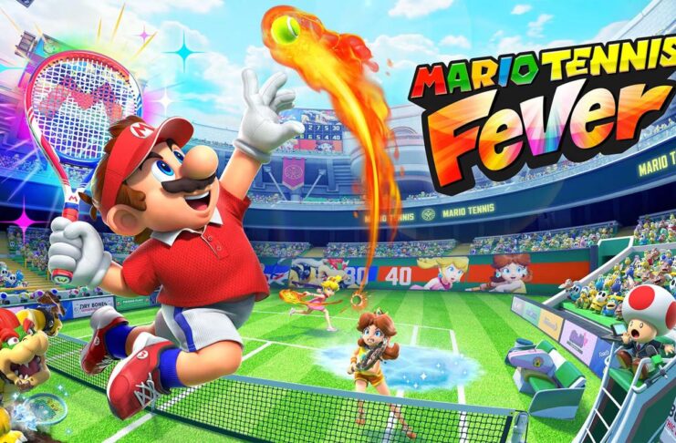 Mario hitting a flaming tennis shot in Mario Tennis Fever during a stadium match on Nintendo Switch 2.