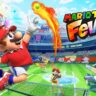 Mario hitting a flaming tennis shot in Mario Tennis Fever during a stadium match on Nintendo Switch 2.