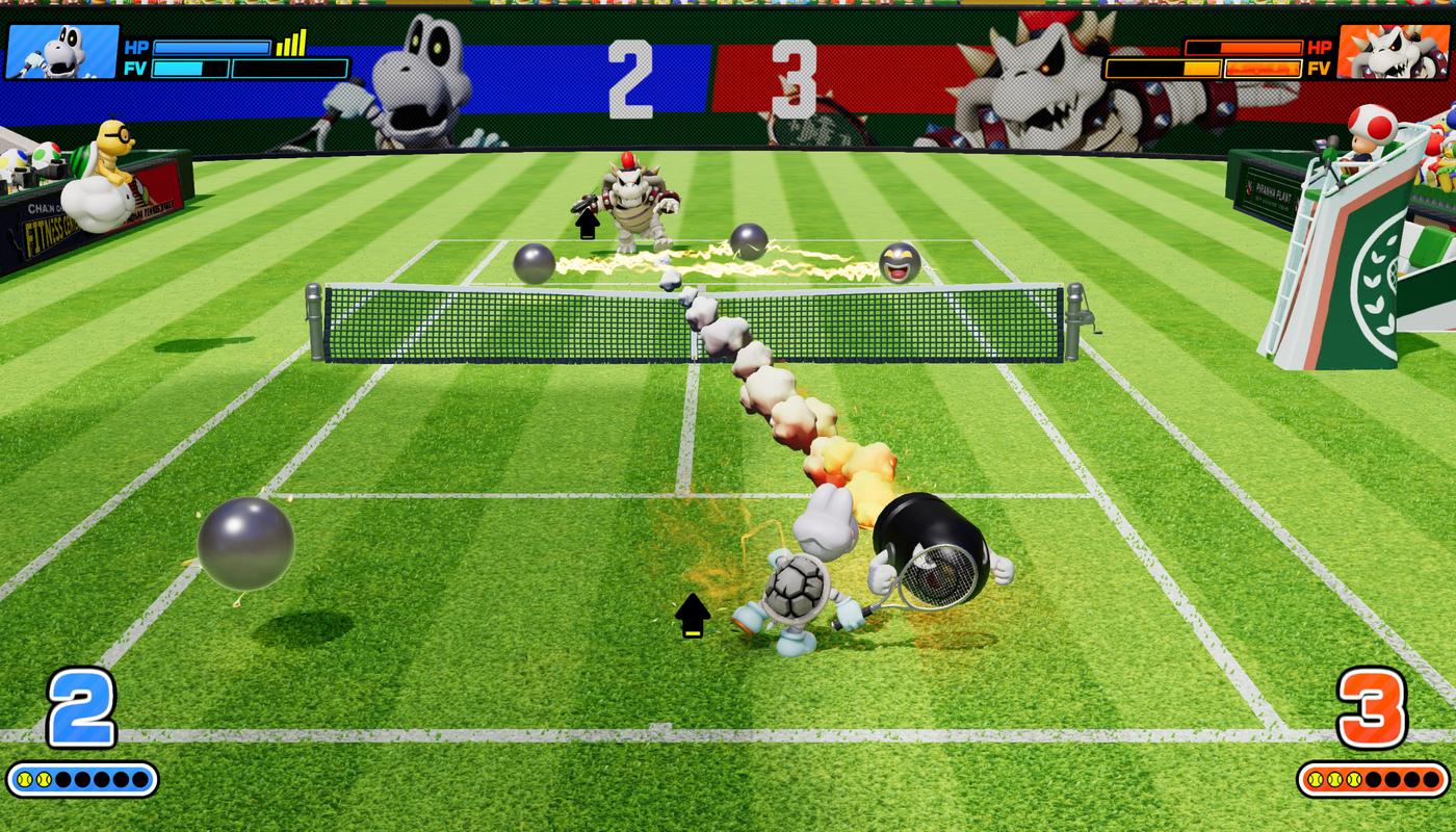 Fever racquet effects filling the court during a rally in Mario Tennis Fever.