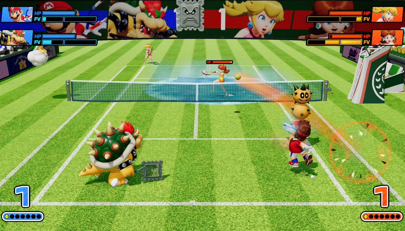 Four-player doubles match in Mario Tennis Fever showing Fever shots and health meters during a rally.