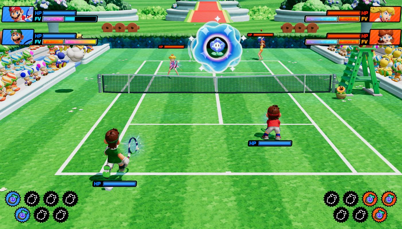 Wonder Court match in Mario Tennis Fever showing Fever effects, health meters, and on-court UI during play.