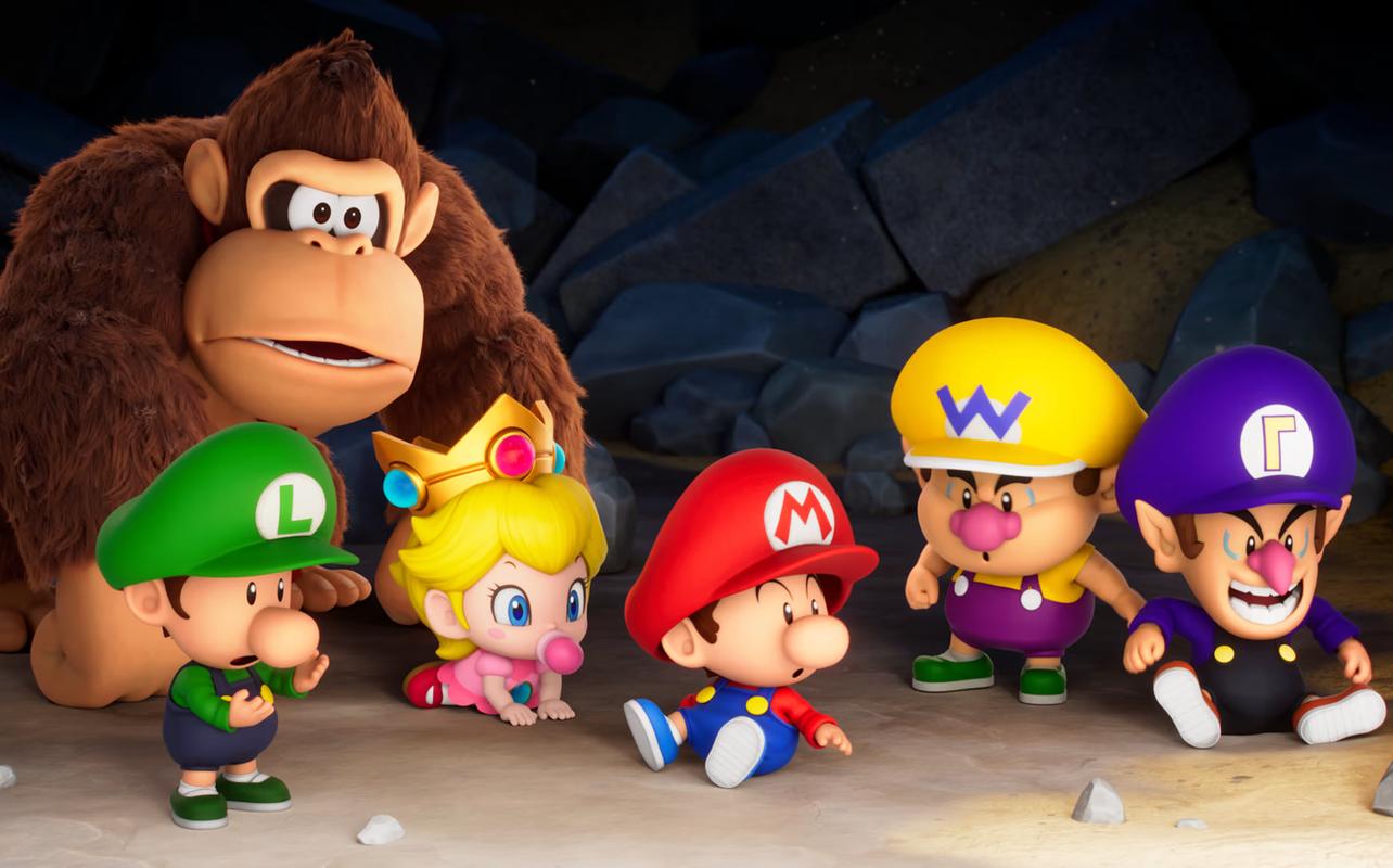 Baby versions of Mario, Luigi, Peach, Wario, and Waluigi gathered together in Mario Tennis Fever.