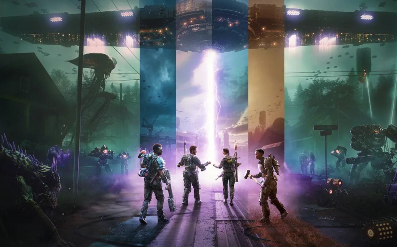 Aliens blast lasers down on four people.