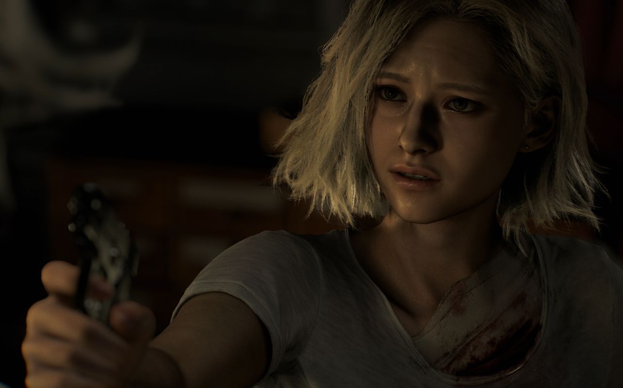 Resident Evil Requiem a close up of a female blonde character from the game, Grace Ashcroft