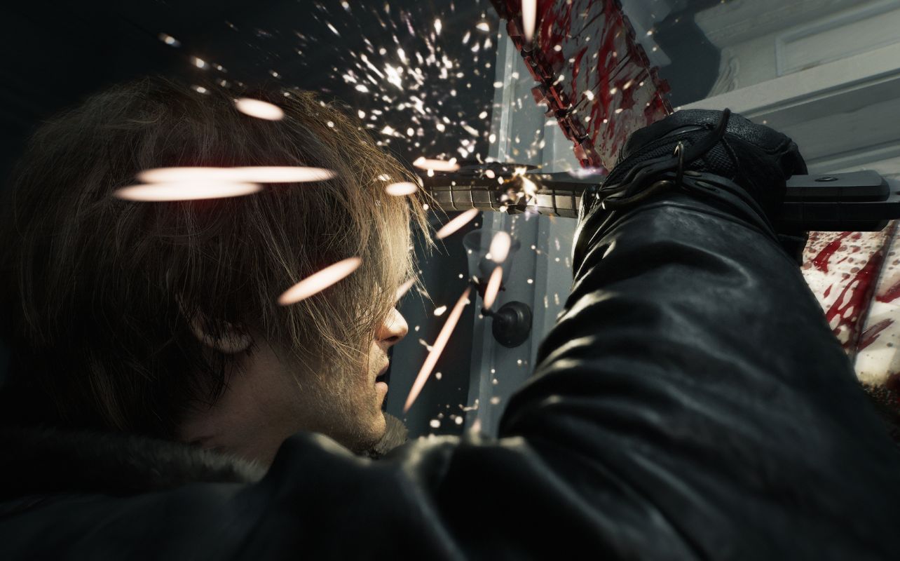 Resident Evil Requiem screenshot of a character in a close-up, battling with sparks flying.