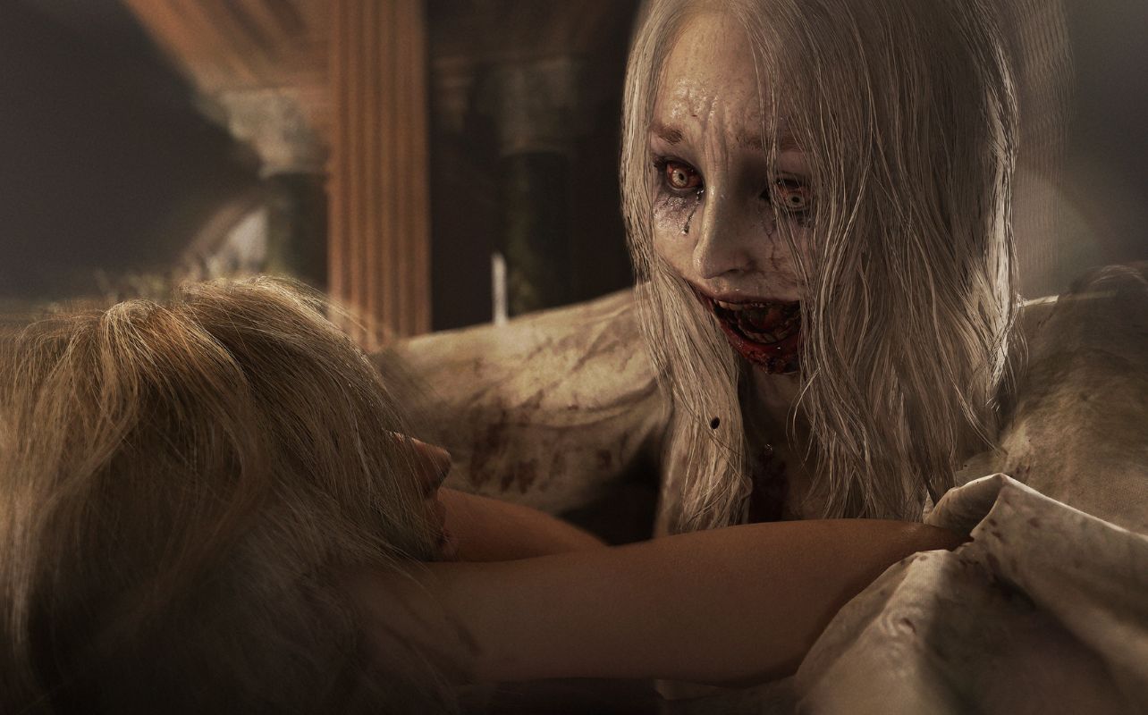 Resident Evil Requiem, a close-up of a female blonde character from the game, Grace Ashcroft, being attacked by a zombie.