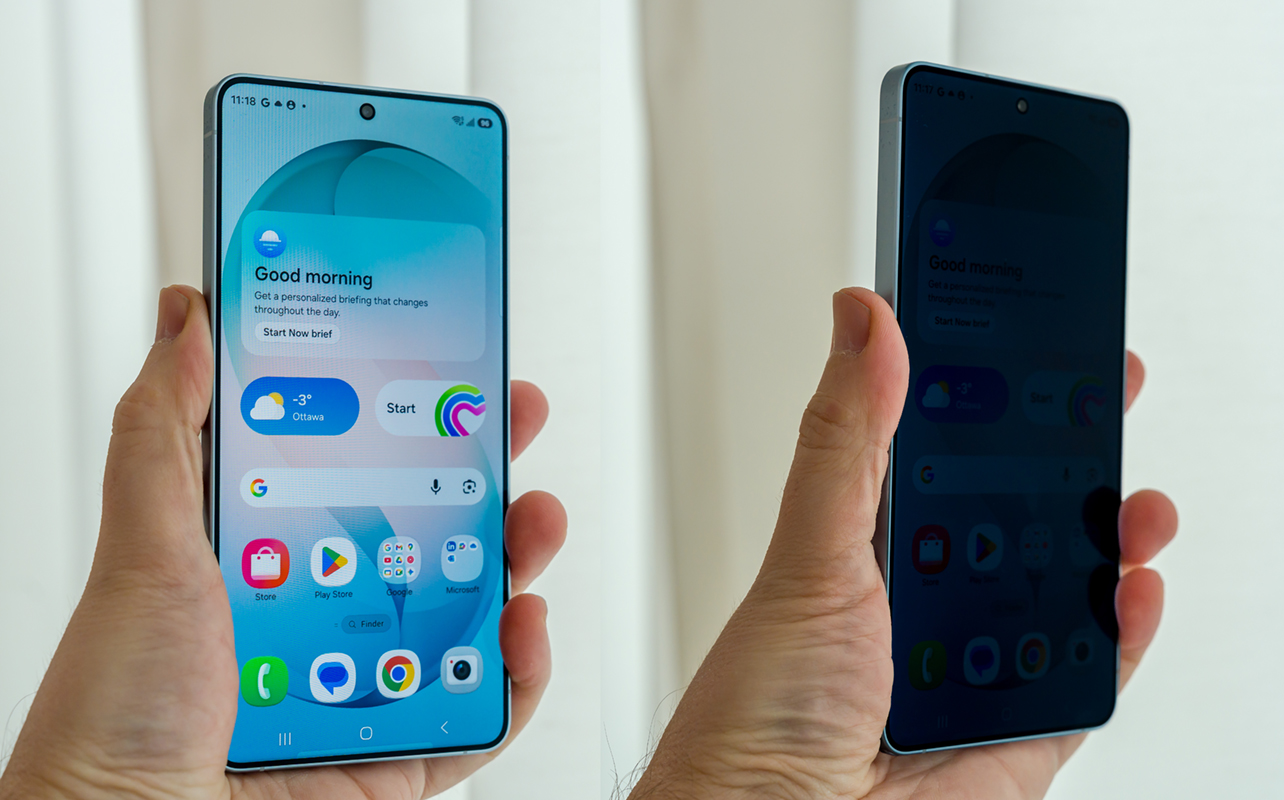 Affichage de confidentialité du Galaxy S26 Ultra de Samsung avant et après.