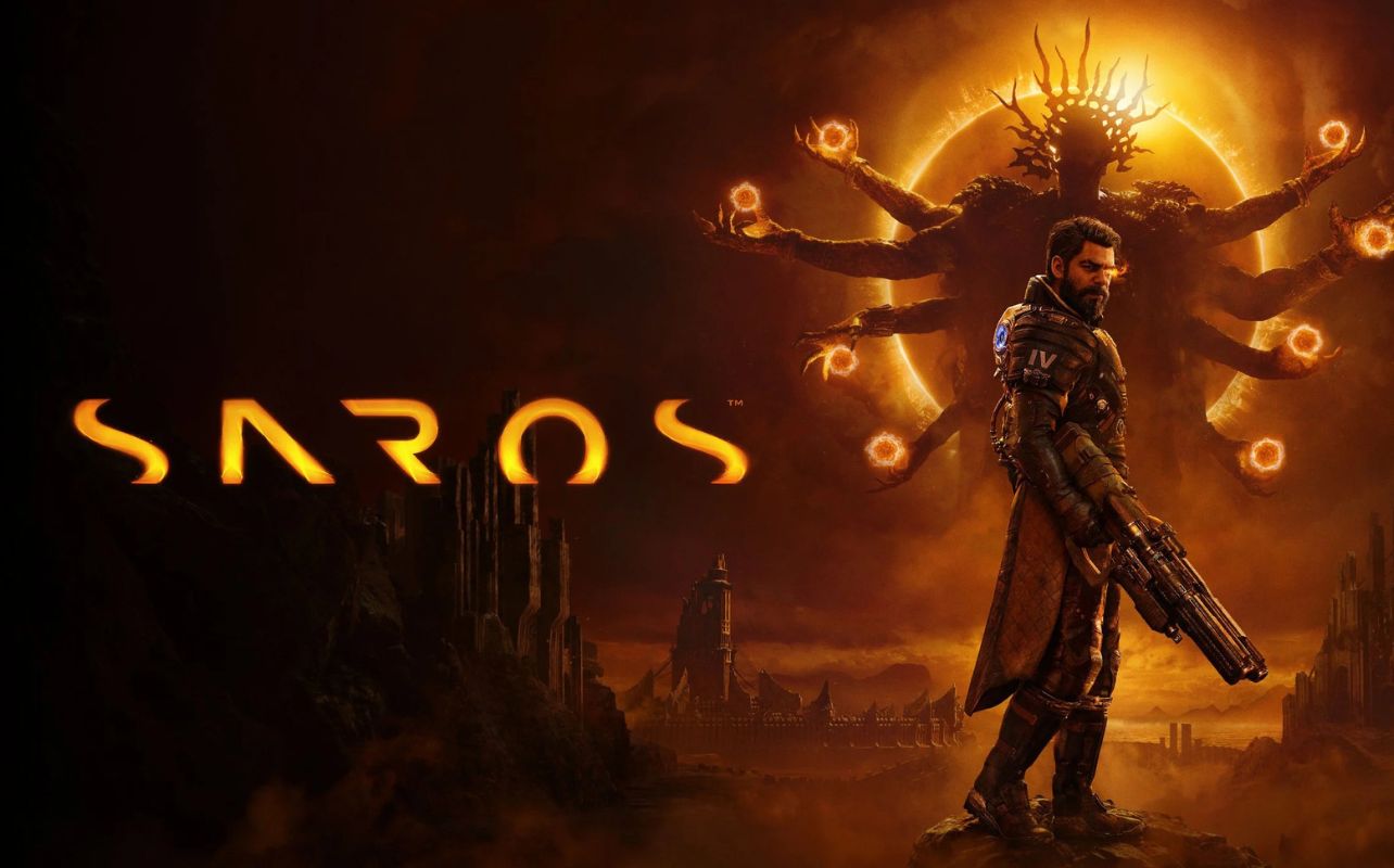 Saros graphic man with a large gun.