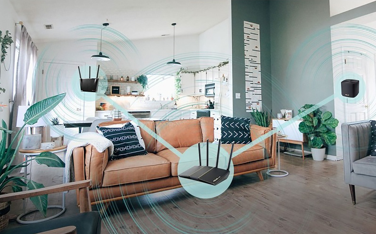 A diagram of a home showing an Asus AX3000 router and all its connections.