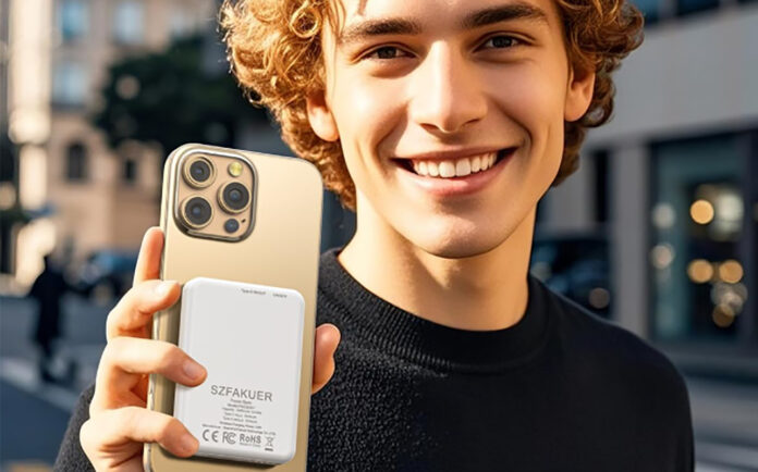 A young man holding a Szfakeur power bank.