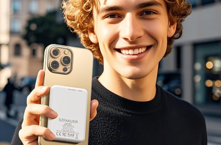 A young man holding a Szfakeur power bank.