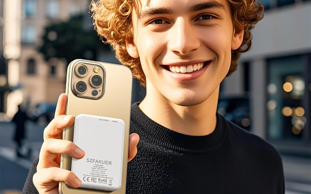 A young man holding a Szfakeur power bank.
