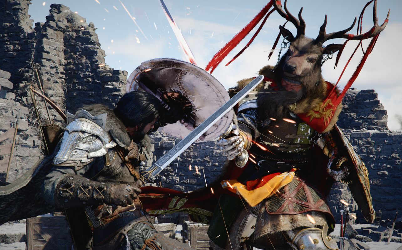 Crimson Desert video game screenshot with the main character Kliff fighting off a horned enemy. 