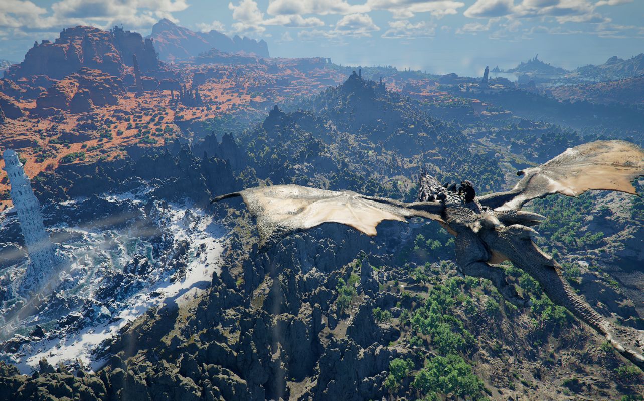Crimson Desert video game screenshot with the main character Kliff flying on a dragon.