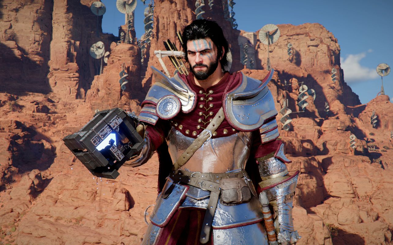 Crimson Desert video game screenshot with the main character Kliff in shining armour with a red rock desert background. 