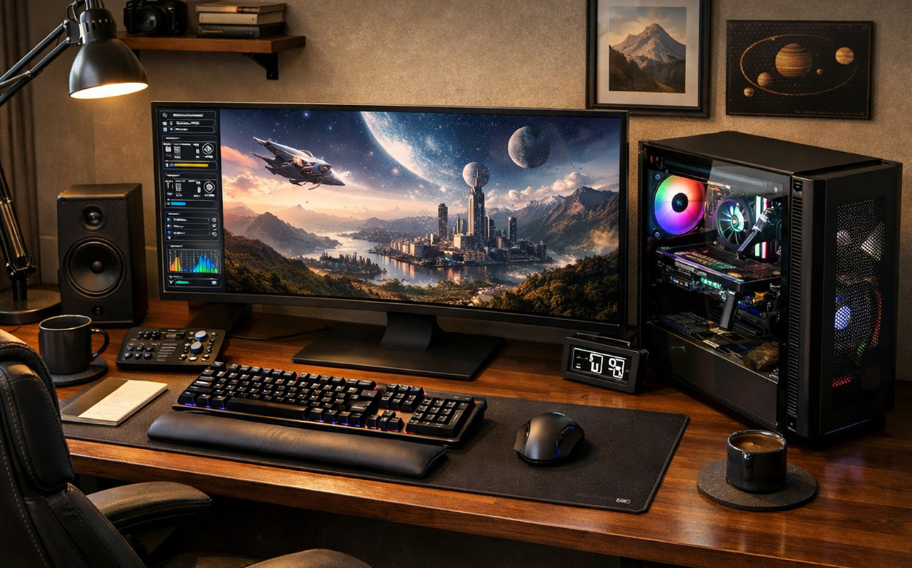 Desktop PC setup on a table with large monitor.
