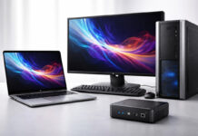 Mini PC grouped with desktop and laptop on table.