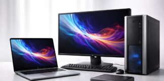 Mini PC grouped with desktop and laptop on table.