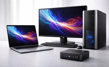 Mini PC grouped with desktop and laptop on table.