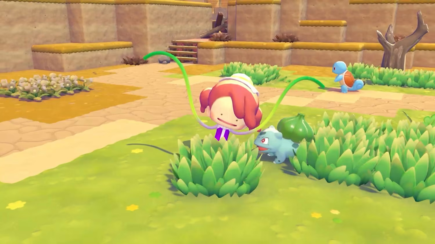 Pokémon Pokopia main character forming grass.