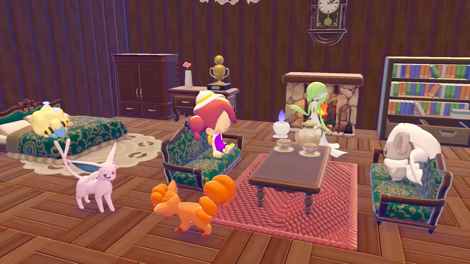 Pokémon Pokopia sitting in an elaborately furnished home.