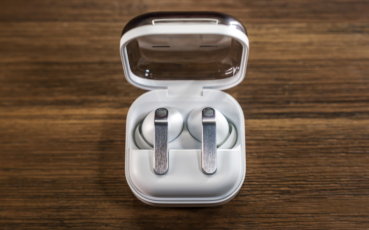 Samsung Galaxy Buds4 Pro open case on a table.