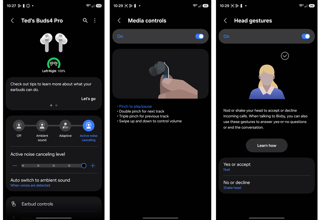 Captures d'écran de l'application Galaxy Wearable montrant les commandes pour Galaxy Buds4 Pro.