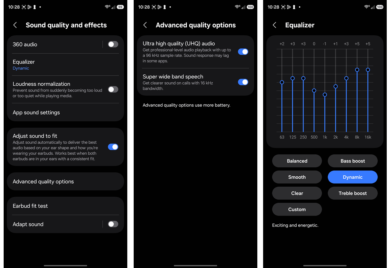 Captures d'écran de l'application Galaxy Wearable montrant les options audio. 