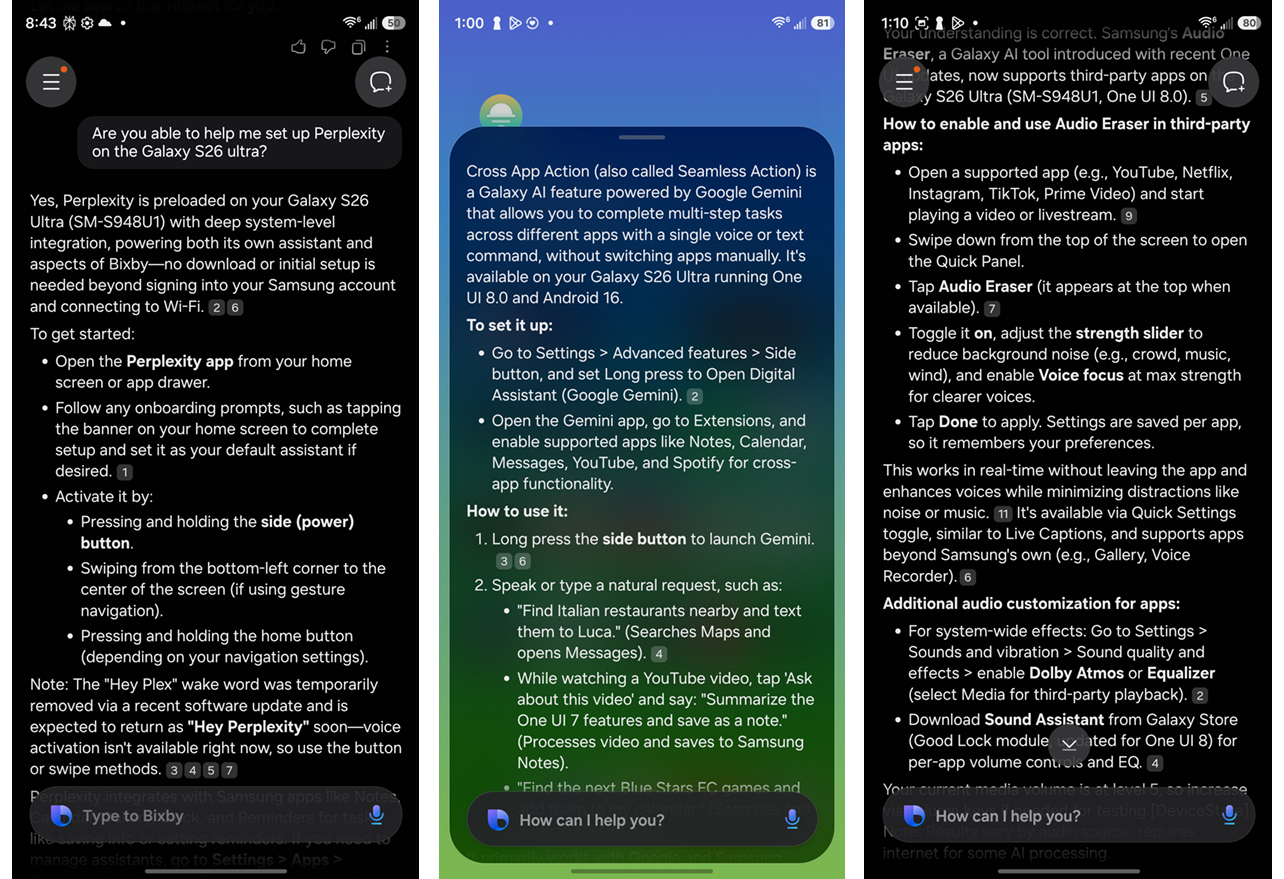 Screenshots showing Bixby in Samsung Galaxy S26 Ultra.