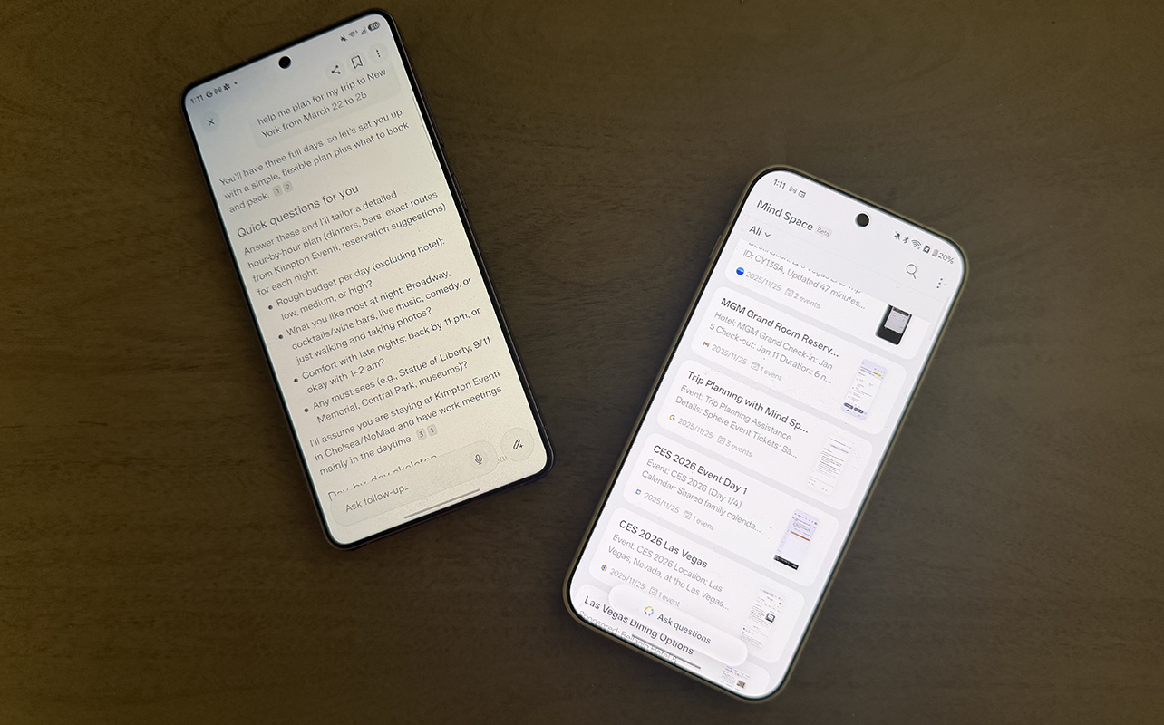 Samsung Galaxy S26 Ultra showing Perplexity and OnePlus 15 with Mind Space