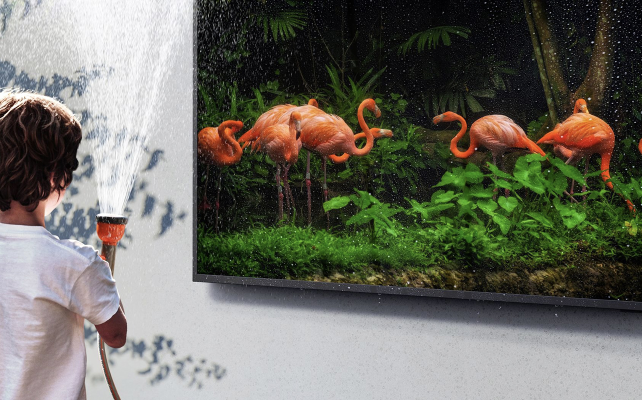 A Samsung The Terrace TV outside and wet.